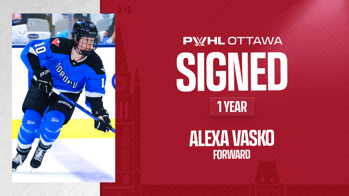 Photo of Alexa Vasko playing hockey on the left. Text on the right on top of red background: PWHL Ottawa Signed 1 Year Alexa Vasko Forward