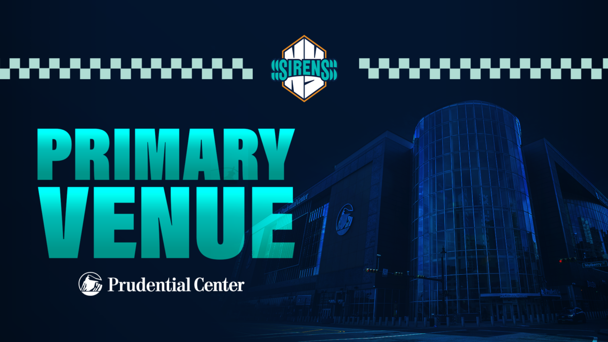 Graphic featuring the New York Sirens logo at the top, 'Primary Venue' in large teal letters, white Prudential Center Logo underneath, and an image of the Prudential Center with a dark blue background overlay.